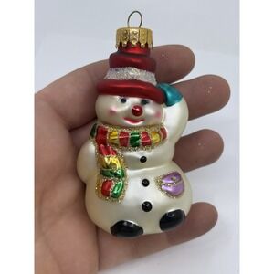 Vintage Glass UT Snowman Holding Red Hat Christmas Ornament 3"